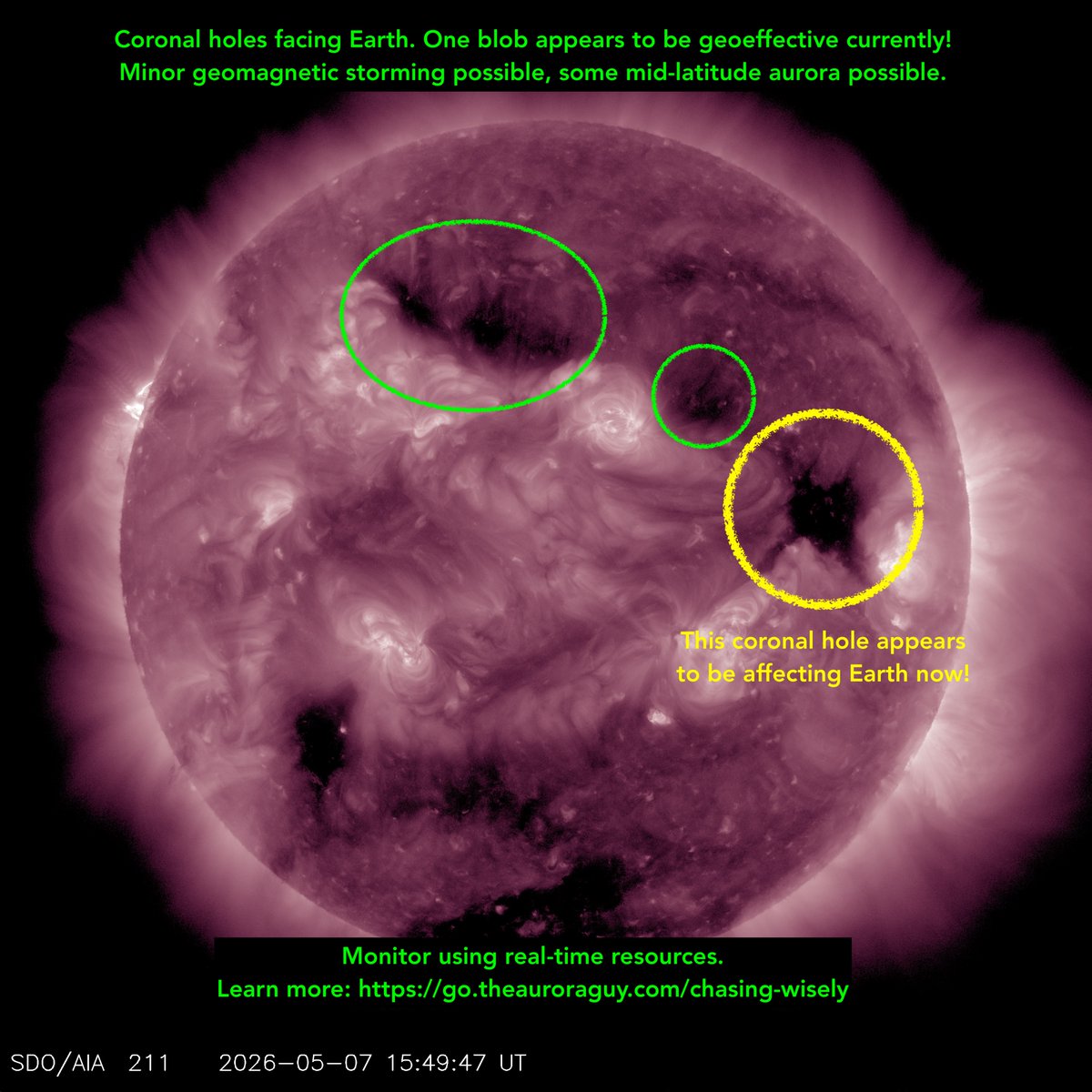 Currently, there is enhanced solar wind buffeting Earth with Bt > 10 nT and variable Bz. This is likely the beginning signs of effects from a coronal hole currently near the western limb of the Sun, circled in yellow below.