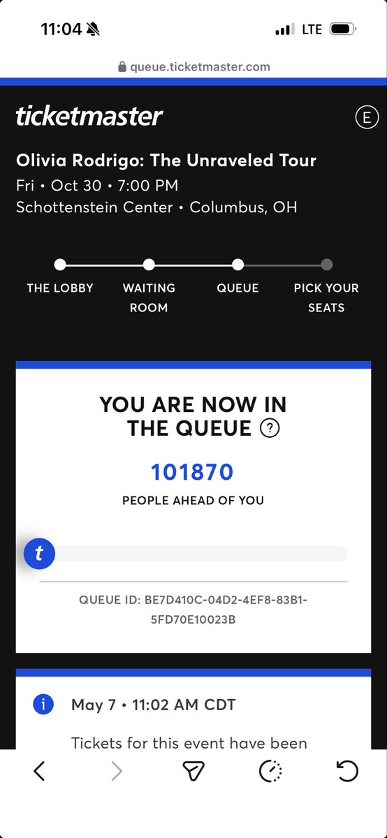 ellarwalker's tweet photo. Best of luck to anyone trying to get tickets to the Columbus, OH Olivia Rodrigo show😭😭

101,870 people in the queue. literally less than 18,000 seats LOLLL https://t.co/Gap1pICkOW