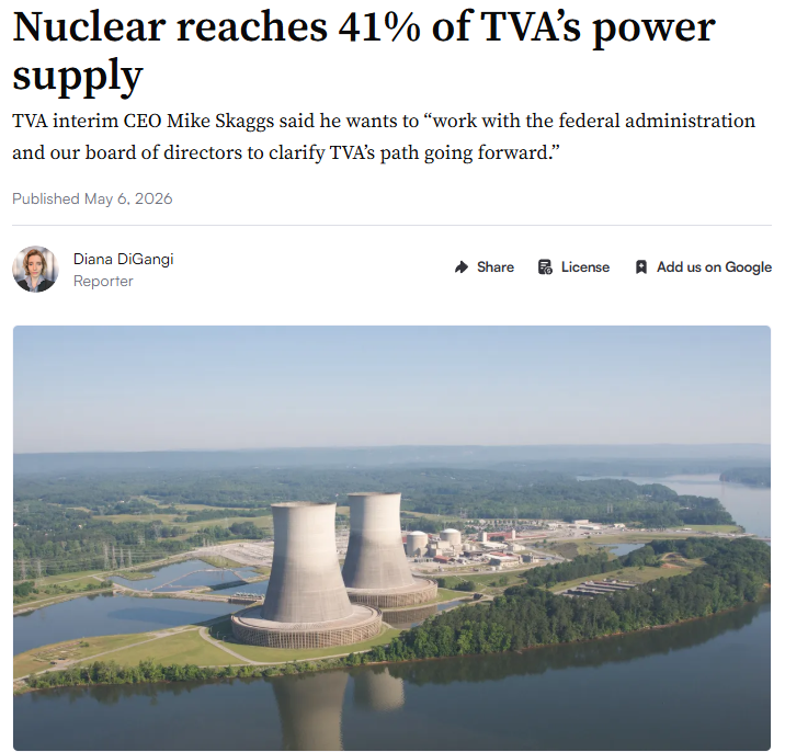 HopfJames's tweet photo. The fraction of TVA's power from nuclear increased from 31% in the first half of fiscal 2025 to 41% in the first half of fiscal 2026.  The 10% increase in nuclear's share replaced natural gas (-4%), hydro (-2%) and purchased power (-4%).  Article link in reply.

TVA's nuclear generation increased from 33,772 GWh to 25,901 GWh over the two time periods.

On the negative side, the Trump admin forced TVA to abandon plans to replace some of its coal generation with cleaner gas generation.  Coal's percentage remained the same over the above time periods.