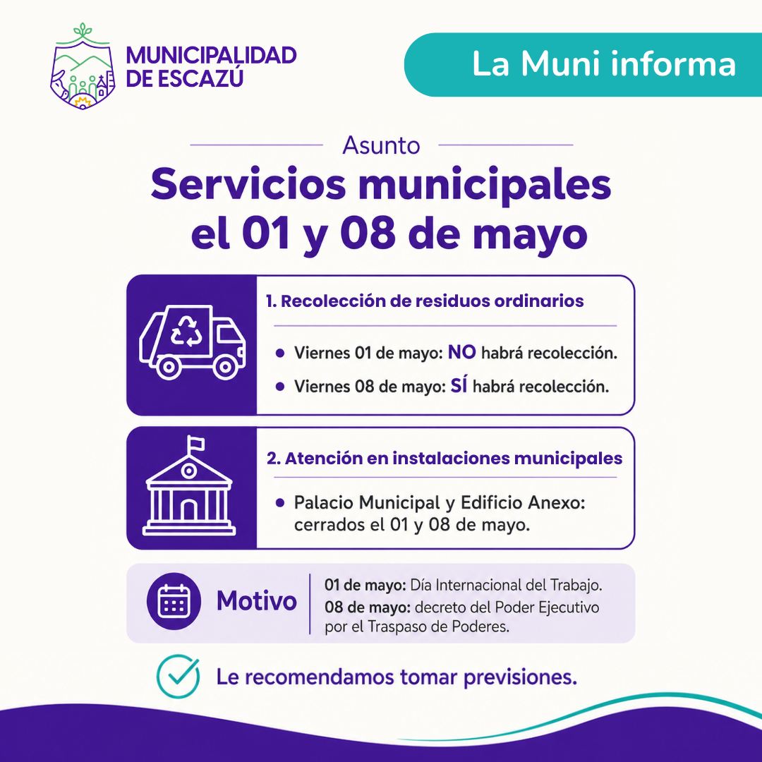 MEscazu's tweet photo. 📌 Comunicado: Servicios de Recolección e Instalaciones el 08 de mayo.

🚛 Recolección de Residuos Ordinarios: El viernes 08 de mayo SÍ habrá Recolección Ordinaria.

🏛️ Instalaciones Municipales: El Palacio Municipal y el Edificio Anexo, estarán CERRADOS el viernes 08 de mayo. https://t.co/RQIEeapmd3