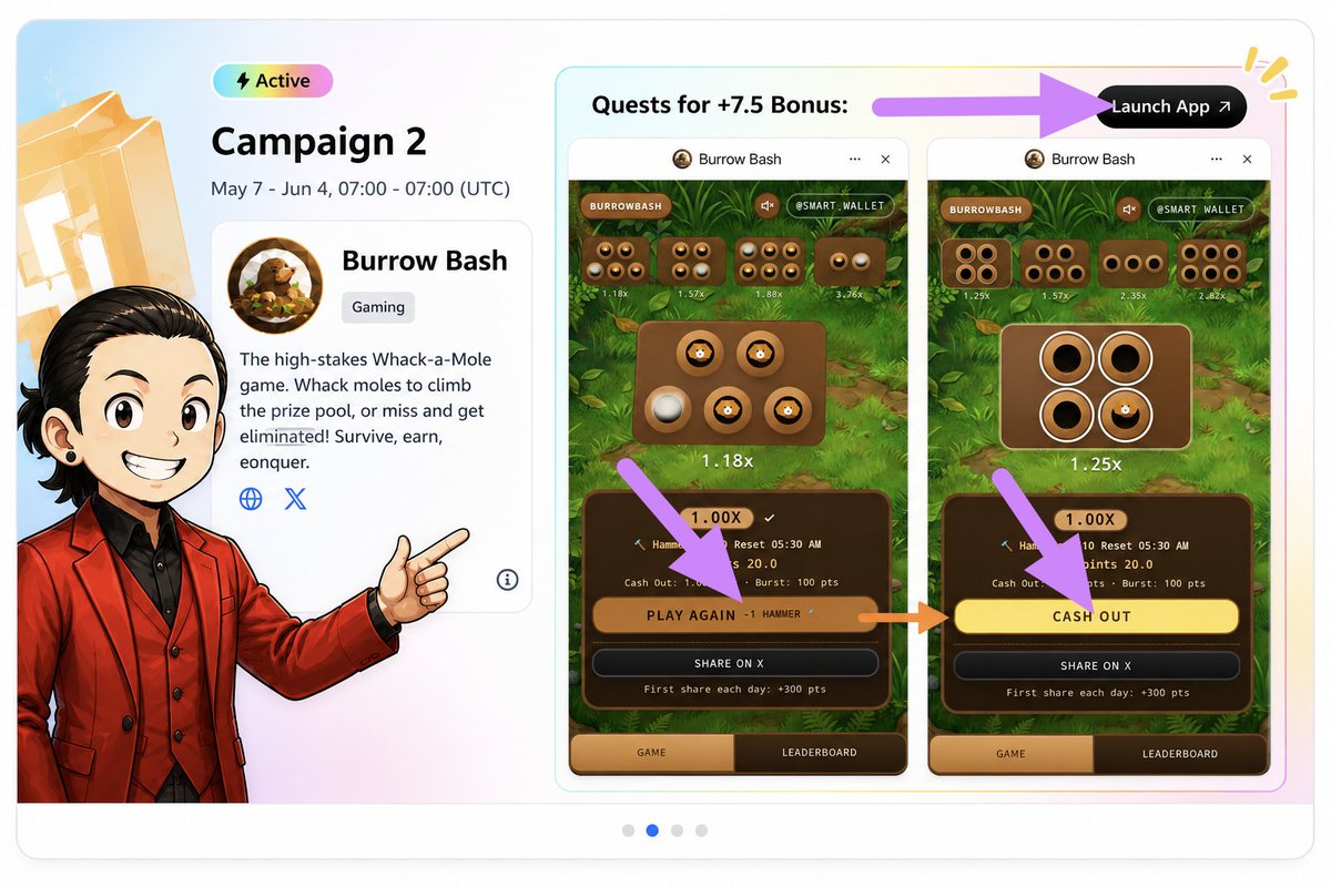 0x_warner's tweet photo. Soneium Score Campaign 2 is live🔥

Complete quests in Burrow Bash and earn bonus rewards.

1. Launch app
2. Play games
3. Hit PLAY AGAIN or CASH OUT
4. Complete 10 games quest &amp; Done 👍 

Let's go to 80+ points👀🚀 https://t.co/pCLJqX4AIH