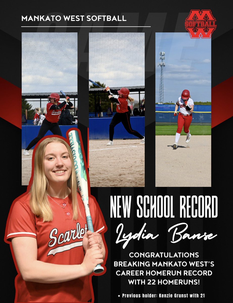 BanseLydia's tweet photo. With my 3 Home Runs vs. Albert Lea, I broke our school career Home Run record!!! So thankful for my scarlet fam!! @ScarletSoftball @KatoFastpitch @peppersnational https://t.co/dc2HhXjn8l