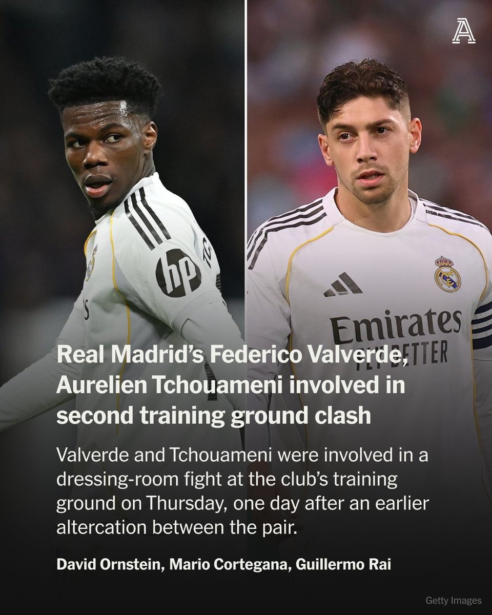 TheAthleticFC's tweet photo. Real Madrid team-mates Federico Valverde and Aurelien Tchouameni were involved in a dressing-room fight at the club’s training ground on Thursday, one day after an earlier altercation between the pair.

Sources briefed on what unfolded, speaking on the condition of anonymity to protect relationships, stated Valverde was taken to hospital to undergo assessments after sustaining a head injury during the incident.

Madrid intend to take action over the situation but at this stage it is unclear in what form any potential sanction will take.

Full story from @David_Ornstein, @MarioCortegana and @GuillermoRai_ ⬇️

https://t.co/E4ygO02CSD
