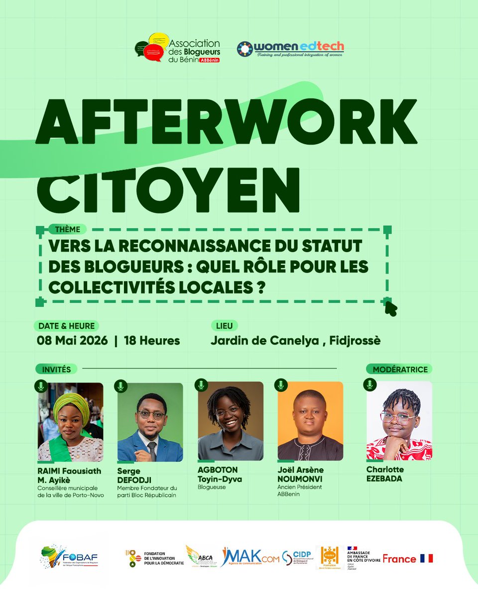 ab_benin's tweet photo. 🎙️ Des voix engagées pour réfléchir à l’avenir du blogging et des droits numériques au Bénin.

À l’occasion de l’afterwork du projet Voix Citoyenne, nous aurons le plaisir d’accueillir des panelistes aux parcours et expertises complémentaires pour échanger autour du thème :

« Vers la reconnaissance du statut des Blogueurs : quel rôle pour les collectivités locales ? »

Entre engagement citoyen, gouvernance locale, numérique et expérience du terrain, ce panel promet des échanges riches et constructifs.

Rendez-vous ce Vendredi 8 mai 2026, à Jardin de Canelya à partir de 18h. Nous serons également en direct sur notre page Facebook. 

#VoixCitoyenne
#JeSuisBlogueur
#NousVoulonsUnStatut
#LibresDeBloguer
#EthicBlog