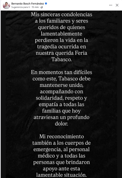 AhoraTabasco's tweet photo. 🔴#AHORA | Bernardo Bosch Fernández, hermano de Fátima Bosch, #MissUniverse2025 expresó sus condolencias tras la tragedia ocurrida en la Nave 1 de la Feria Tabasco, donde cinco personas perdieron la vida a causa del incendio registrado en el recinto.

“Tabasco debe mantenerse unido, acompañando con solidaridad, respeto y empatía a todas las familias que hoy atraviesan un profundo dolor”, escribió a través de sus redes sociales.

|#Villahermosa |#Tabasco |#Noticias |#AhoraTabasco
