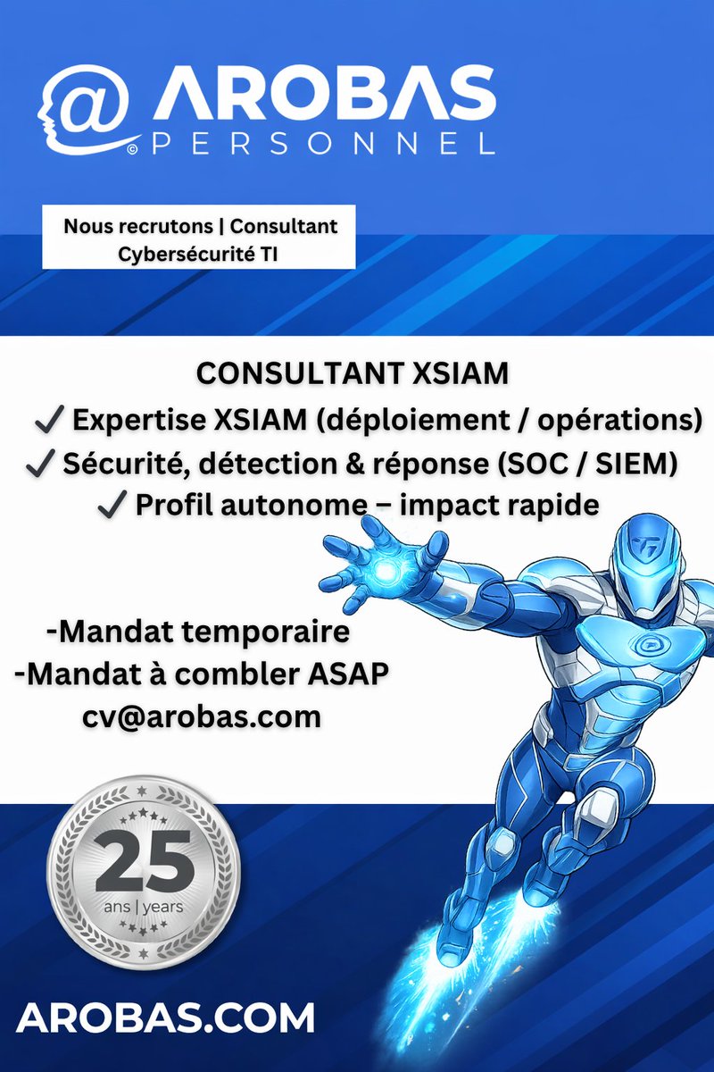 ArobasPersonnel's tweet photo. Arobas Personnel est à la recherche d’un consultant avec expérience #XSIAM pour un mandat à court terme.

Expertise recherchée :
🔹 Expérience concrète avec XSIAM
🔹 Profil autonome, capable d’intervenir rapidement
🔹 Approche orientée solution et efficacité

⏭️ cv@arobas.com https://t.co/kDyLstSGx7