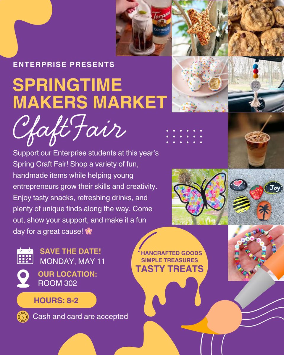 FzeEnterprise's tweet photo. Join us for our Spring Craft Fair on Monday, May 11th in room 302. 🌸 We will have a variety of baked goods and homemade items, along with a charm bar! 💎 https://t.co/5xOrRbxjTH