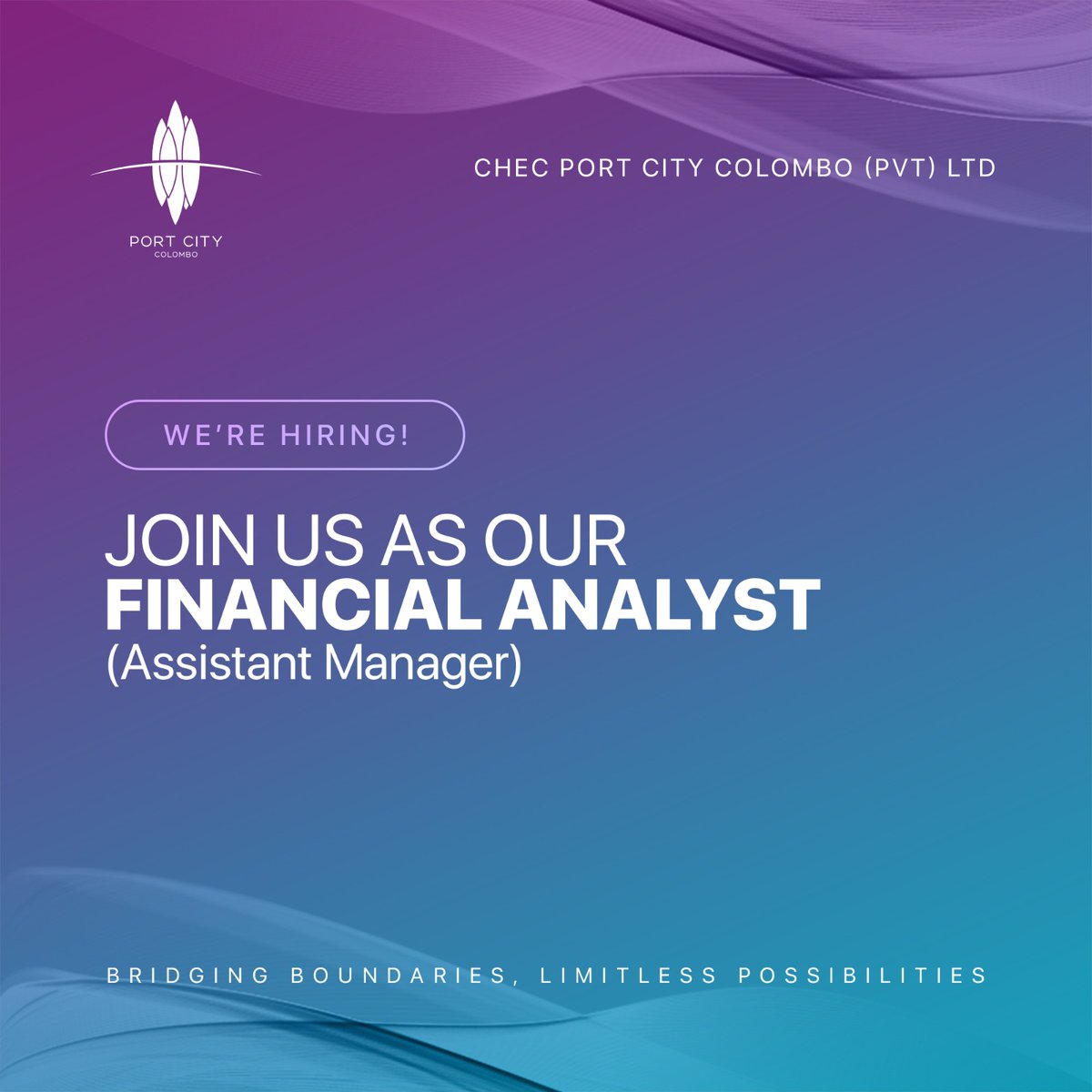 PortCityColombo's tweet photo. We’re hiring a Financial Analyst (Assistant Manager) to support strategic and financial analysis at Port City Colombo.

Candidates with relevant experience can send their CV to portcity_rec1@chec.lk https://t.co/KM7XZVQYl2