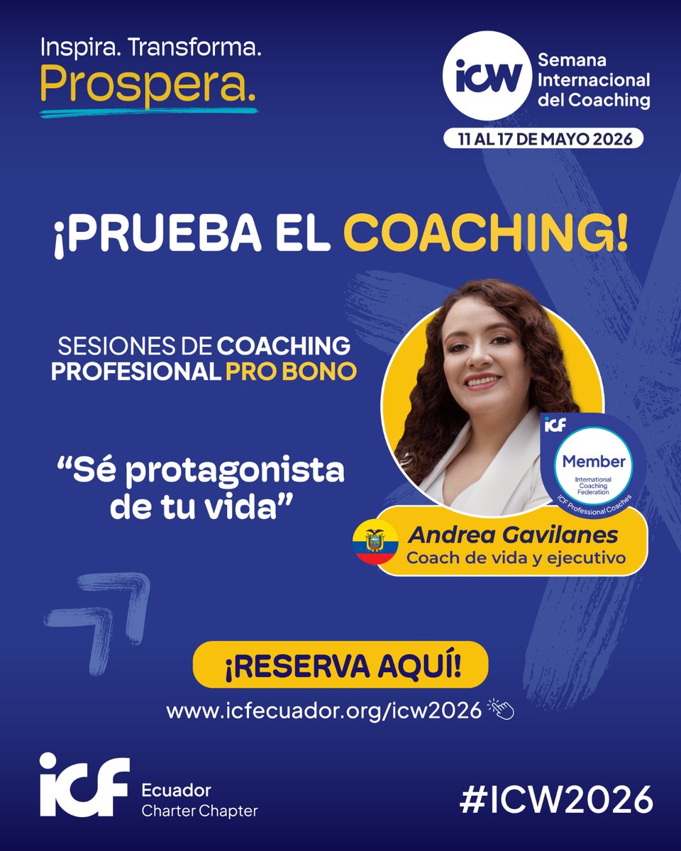 icfecuador's tweet photo. ✨ Sé protagonista de tu vida ✨
En el marco de la Semana Internacional del Coaching 2026 de la ICF, Andrea Gavilanes, Coach Miembro de ICF Ecuador, ofrecerá sesiones de coaching pro bono para acompañarte a reconectar con tu potencial.

👉 https://t.co/VVinOzsCEj

#Coaching #ICW https://t.co/nLkm8NrFzz