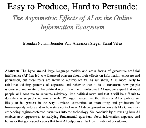 BrendanNyhan's tweet photo. Read our chapter here! https://t.co/p9OmT4W29O 

The key claim: "AI is more likely to reinforce existing patterns of [information] exposure and behavior than it is to transform how people understand and relate to the political world"

(with @jenjpan, @aasiegel, and @YamilRVelez) https://t.co/TiFYeKkUzx