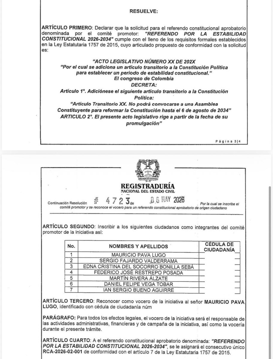 #Primicia | Arranca oficialmente la recolección de firmas para la “anticonstituyente”. 

La <a href="/Registraduria/">Registraduría Nacional del Estado Civil</a> acaba de reconocer oficialmente el comité promotor del referendo 'Por la Estabilidad Constitucional 2026-2034', promovido por Sergio Fajardo (<a href="/sergio_fajardo/">Sergio Fajardo</a>) y su fórmula