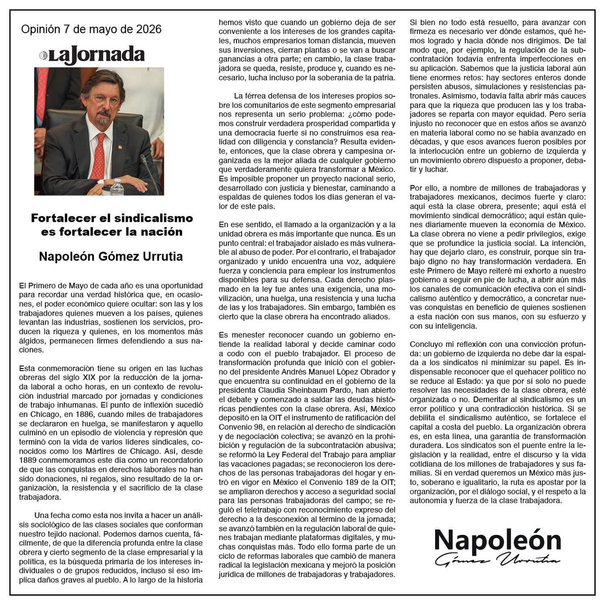 NGomezUrrutiaMX's tweet photo. #ColaboraciónDeHoy en @lajornadaonline 🗞️

Los sindicatos son el puente entre la legislación y la realidad, entre el discurso y la vida cotidiana de los millones de trabajadores y sus familias. 

Si queremos una transformación profunda para consolidar un México más justo, soberano e igualitario, la ruta es apostar por la organización, por el diálogo social, y el respeto a la autonomía y fuerza de la clase trabajadora.👊🏼

🔗 https://t.co/CYfjTmL9r6