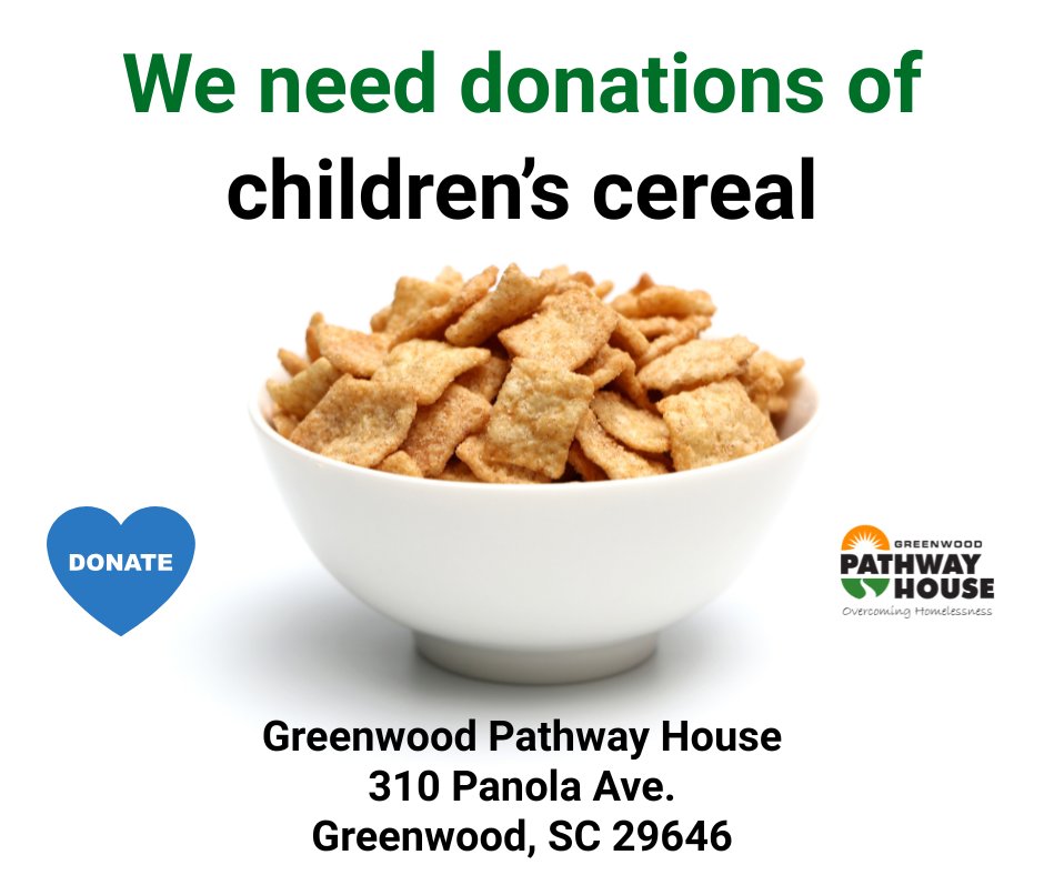 GwdPathway's tweet photo. We need donations of children's cereal. Donations can be shipped or delivered to 310 Panola Avenue, Greenwood, SC 29646. https://t.co/JtV5n5bxkH