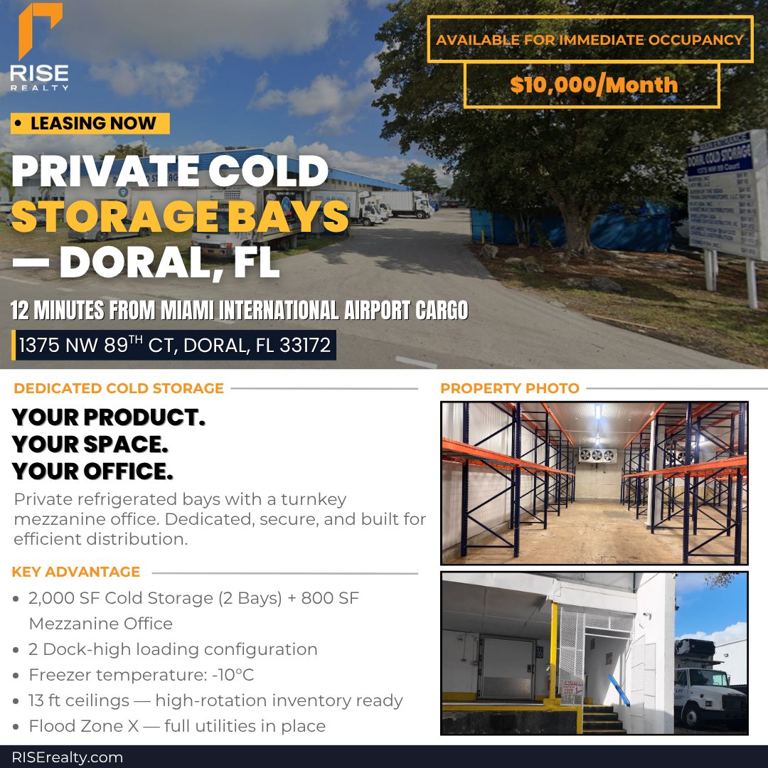 Rise_Realty's tweet photo. Cold storage isn’t just storage. It’s your HQ. ❄️
2,800 SF in Doral built for ops + office in one.
$10K/month. Ready now. Scale later.
#ColdStorage #Doral #IndustrialRealEstate #MiamiLogistics #Warehousing #RiseRealty https://t.co/2HL3QP5lCn