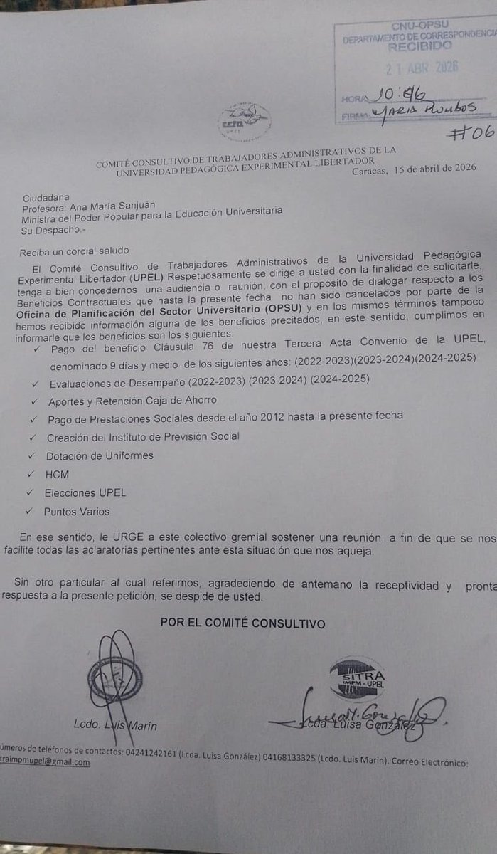 asutraipc's tweet photo. @santajuanasanta @VivaLaUCV @ComisionElecUcv Ministra el día 21 de Abril los trabajadores administrativos de la UPEL, le entregamos una comunicación referente a situaciones de la universidad y a la fecha no hemos tenido respuesta, es importante el diálogo con todas las universidades. https://t.co/2P4JiVM9lZ