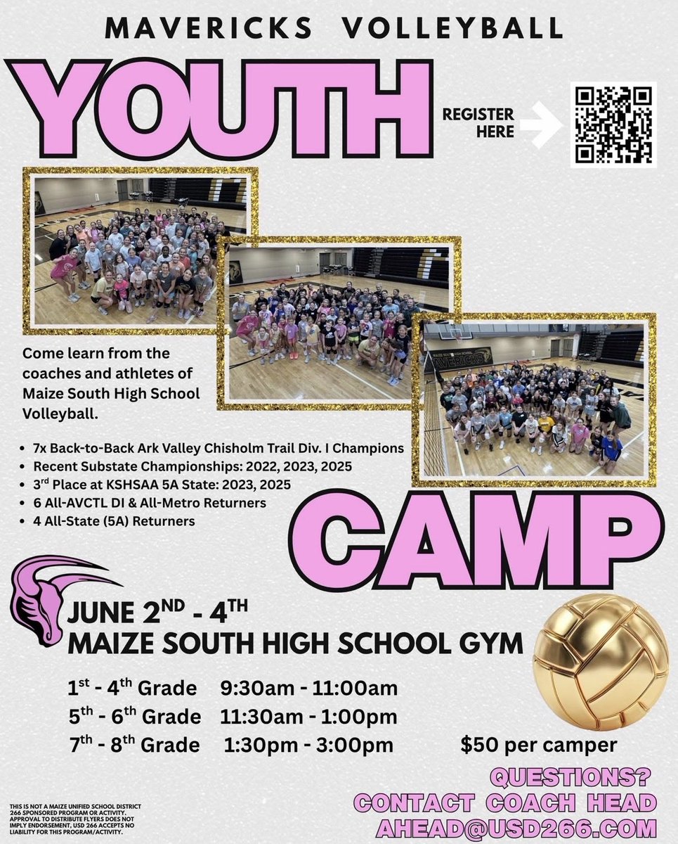 HeyCoachAlexis's tweet photo. Don’t miss signing up for our Youth Volleyball Camp!!🏐🤘💕🖤 #MavsUp  

Tuesday, June 2nd through Thursday, June 4th 2026
Grades 1-4: 9:30am - 11:00am
Grades 5-6: 11:30am - 1:00pm
Grades 7-8: 1:30pm - 3:00pm

Click the link or scan the QR code!  

https://t.co/wNRBMmpkLY https://t.co/OAkFnz0yU0