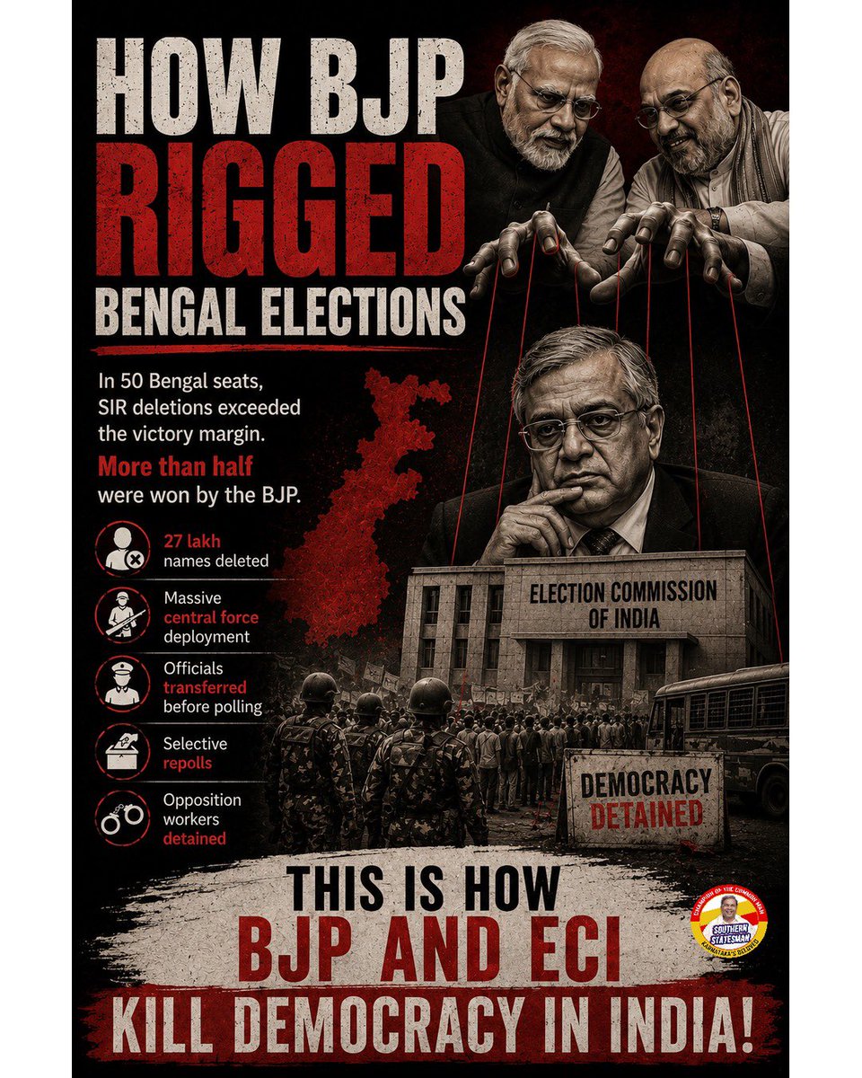 From “Logical Discrepancy” voter deletions and mass deployment of central forces, to selective repolls, transfers of officials, and detention of opposition workers - every institution appeared aligned toward one outcome.

THIS IS HOW #BJP AND #ECI KILL DEMOCRACY IN INDIA.