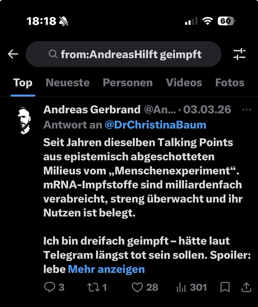 BeFreeEF's tweet photo. @IndikativJetzt @AndreasHilft Seine Timeline ist sehr gut aufgeräumt. Impfpflicht Impfung Maske Maskenpflicht - kein Ergebnis. Aber „geimpft“ liefert! Weißte Bescheid! #treffer und das nur dreifach 😂🤮 #unsolidarisch #solidarisch https://t.co/ozttt7Y10H