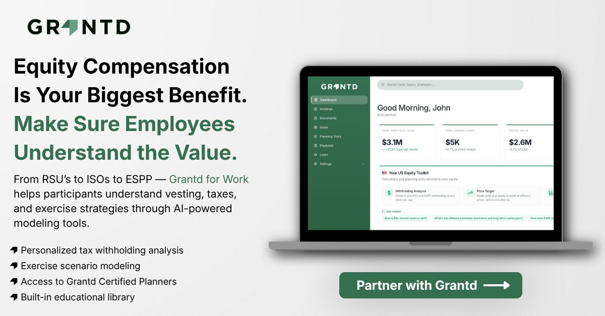 GrantdEquity's tweet photo. Equity is your biggest benefit—but only if your team understands the value. 💡

We’re officially launching Grantd for Work, the AI-powered toolkit designed to simplify equity compensation.

Ready to partner with us? Book your demo here: https://t.co/GIrtG0mWPx https://t.co/LDrKB3cLls