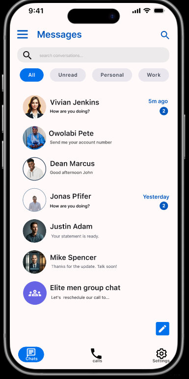 Fluffytee564's tweet photo. Day 8 0f 10-day UI challenge
Here's a social media messaging app welcome screen, chat list screen, and chat conversation screen.
@TechCrushHQ @JoshOpaleke @Meedayyy https://t.co/32Ki1g69Ym