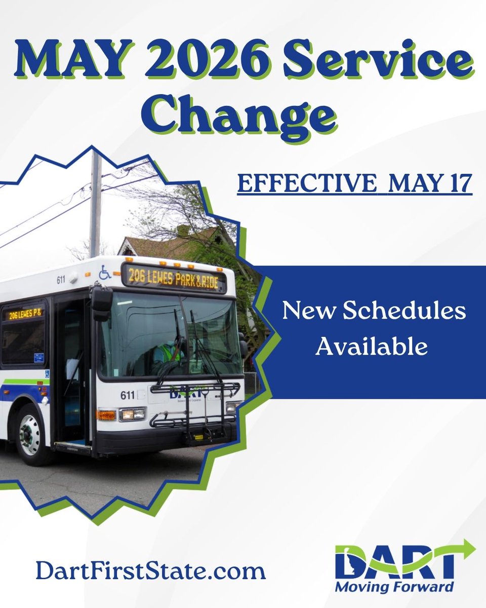 Dartfirststate's tweet photo. Today, our May 2026 Service Change goes into effect.
For more information, visit https://t.co/IE1hS4G8sB #TryTransit https://t.co/HFIpuIAojG