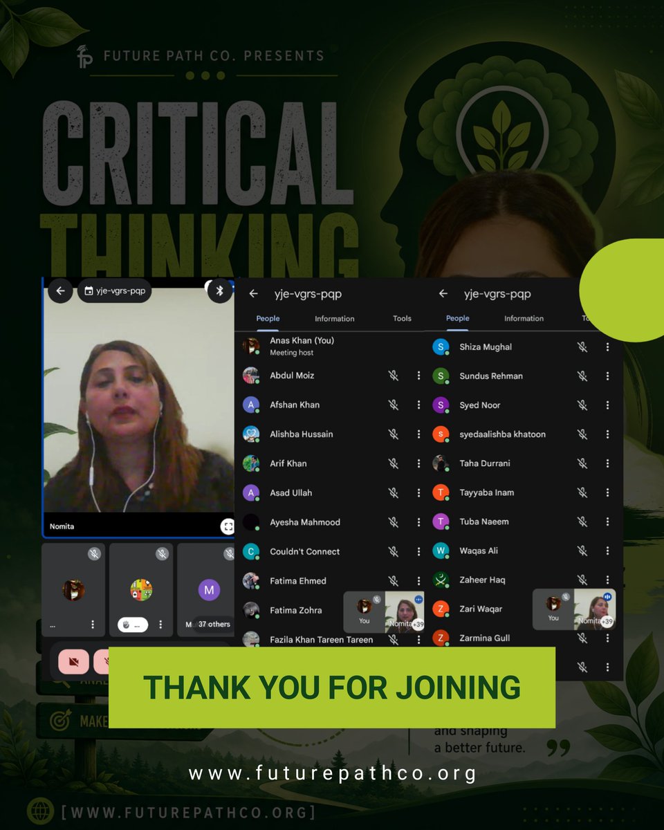 futurepathco's tweet photo. Thank you everyone for joining!

We truly appreciate your active participation in the “Critical Thinking Session.”

#TeamFuturePath #CriticalThinking #FuturePath #LeadershipSkills #ThinkSmart https://t.co/5GgSNFit92