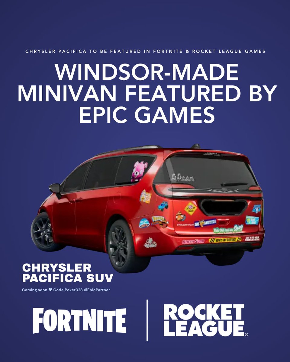 drewdilkens's tweet photo. The Windsor-built Chrysler Pacifica is hitting the virtual streets as it becomes featured in @Fortnite  and Rocket League through @EpicGames! Starting May 8, the vehicle will be showcased to millions of players around the world as it joins 2 of the biggest games on the planet. https://t.co/RsthQJHcxl