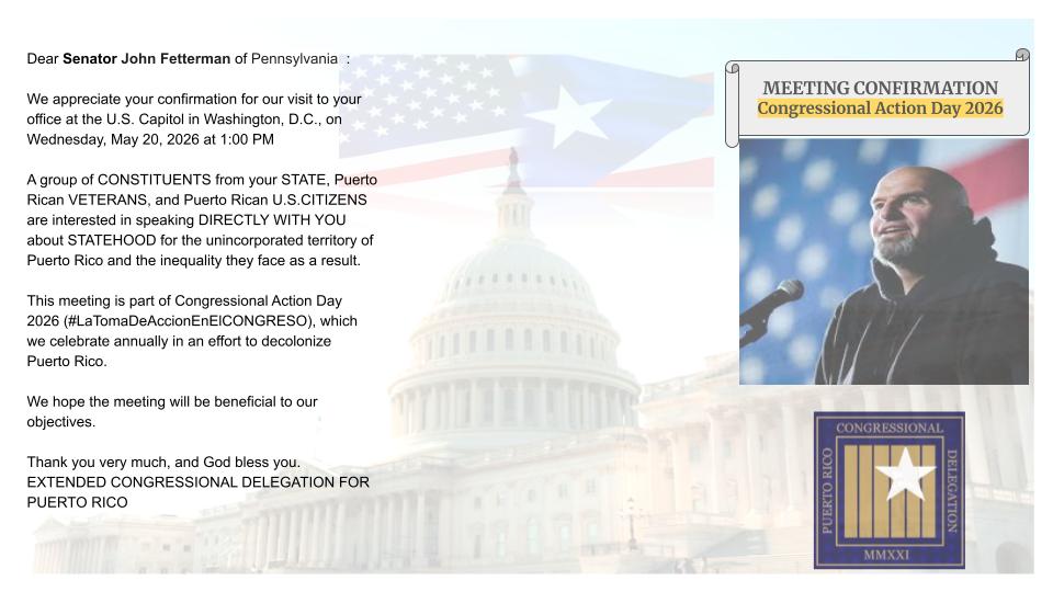 FuerzaDPueblo's tweet photo. WE WILL VISIT YOU!
US SENATOR for Pennsylvania @JohnFetterman
🗓️Wednesday May 20 2026
🕑1:00 PM
📍Your office at US CAPITOL Washington DC
EXTENDED CONGRESSIONAL DELEGATION FOR PR🇵🇷
#PRStatehood 🇺🇸🇵🇷 #OperacionJerico @delegates51 https://t.co/jPmSGK77D4