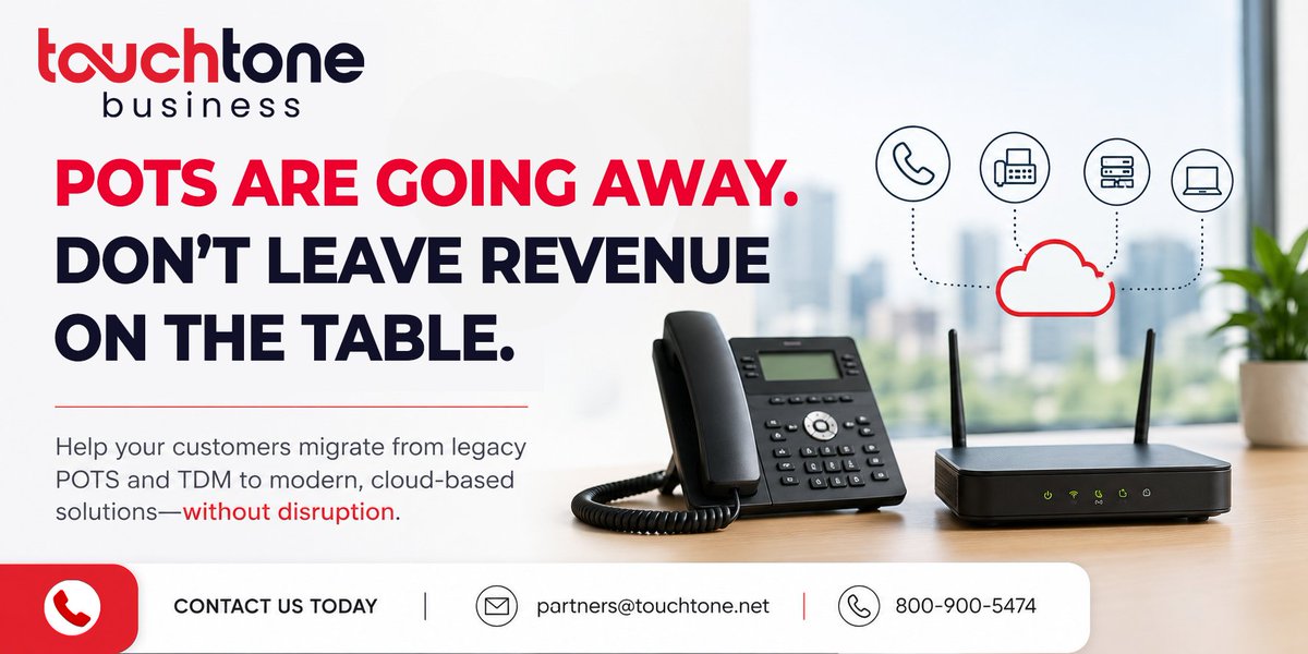 TouchToneNet's tweet photo. POTS are going away fast — this is one of the clearest revenue opportunities in the market right now. If you’re not having these conversations, you’re missing deals. #POTSReplacement #Telecom #ChannelPartners #CloudMigration #RevenueOpportunity https://t.co/PWQe5OUiLB
