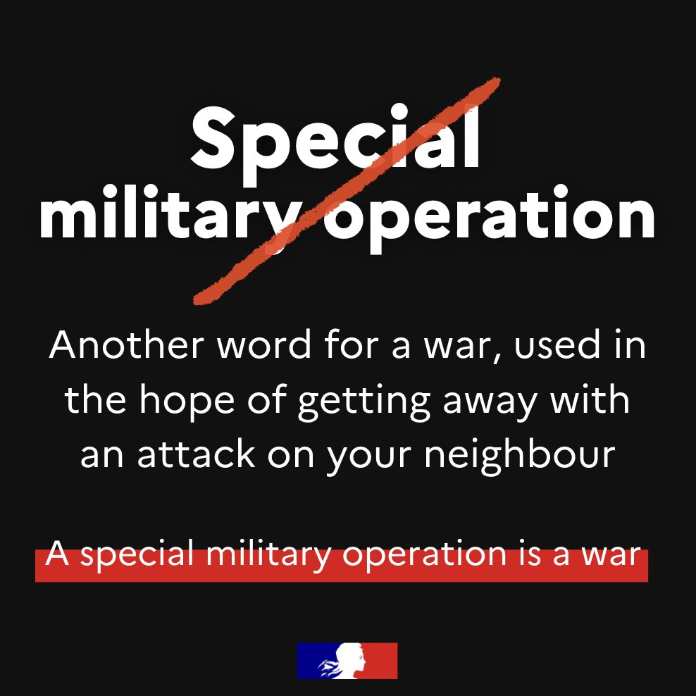 francediplo_EN's tweet photo. France reaffirms its full support to those targeted by Russia's aggression.

'Special military operation' is war

#WordsMatter https://t.co/JfOH3AkhZn