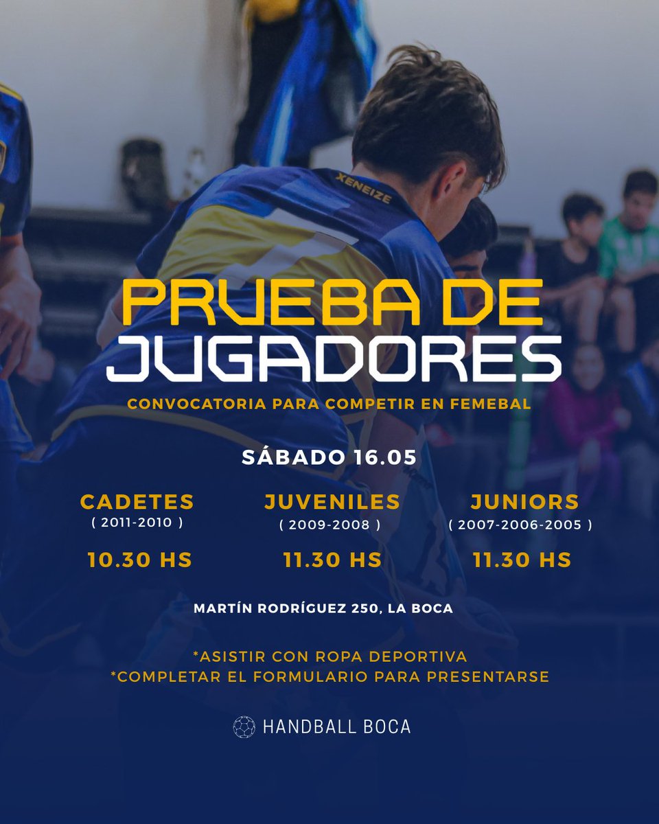 ¡𝗛𝗮𝗻𝗱𝗯𝗮𝗹𝗹: 𝗜𝗻𝘀𝗰𝗿𝗶𝗽𝗰𝗶𝗼𝗻𝗲𝘀 𝗮𝗯𝗶𝗲𝗿𝘁𝗮𝘀! 👏 

🤾‍♀️ Sábado 16.05
● Cadetes cab. (2011-10) - 10.30 hs
● Juveniles cab. (2009-08) - 11.30 hs
● Juniors cab. (2007-06-05) - 11.30 hs

📎forms.gle/2rTXFu53e795Wx… 

📍 Martín Rodríguez 250, La Boca

#DaleBoca 🔵🟡🔵