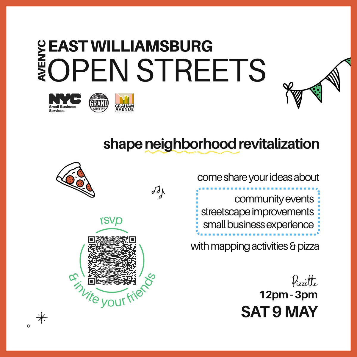 stnicksalliance's tweet photo. As part of the AvenueNYC Revitalization Program, @grandstreetbid  + @GrahamAveBID will work together to shape neighborhood revitalization and to provide better small business support. Share your ideas  at this Saturday's Open Streets event!

#free #pizzaparty #williamsburg https://t.co/m4h4ryQbGi