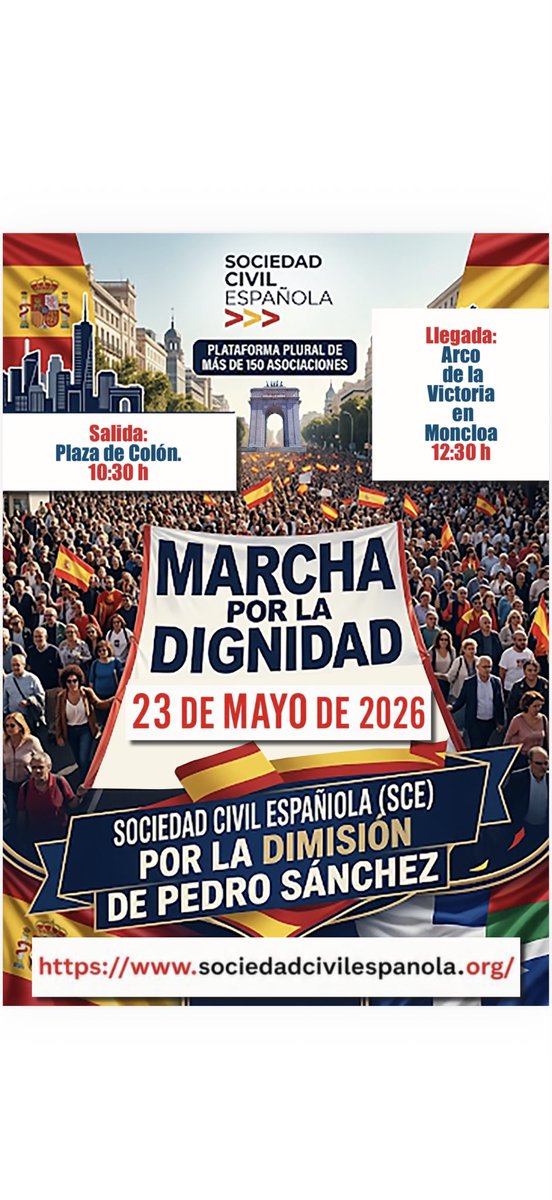 El itinerario definitivo de la #MarchaPorLaDignidad ha quedado finalmente autorizado👇

10:30 Salida desde Plaza de Colón
- Génova 
- Sagasta
- Carranza
- Alberto Aguilera
- Princesa
12:30 Arco de la Victoria-Moncloa

Abierto a todos los ciudadanos de bien. No faltes, la sociedad