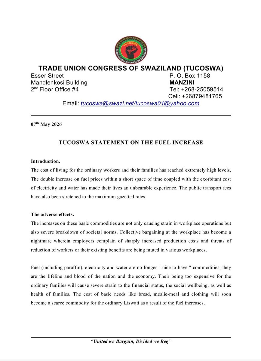 STAWU_'s tweet photo. TUCOSWA STATEMENT ON THE FUEL INCREASE

#WorkingClassAgenda
#SWATCAWU #TUCOSWA #ITF
❤️💛💚🤍🖤 https://t.co/9aShUvk1Un