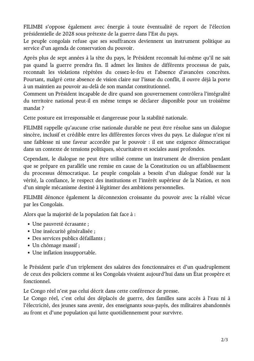 filimbi243's tweet photo. NON AU GLISSEMENT. NON AU 3ᵉ MANDAT. NON À LA CONFISCATION DU POUVOIR!   
                                                                                                                                            La Constitution congolaise est claire : le Président ne peut exercer que deux mandats.
Aucune guerre, aucun référendum opportuniste, aucune manipulation politique ne doit servir à confisquer le pouvoir.

FILIMBI appelle la jeunesse, la société civile et tous les patriotes à rester vigilants et mobilisés pour défendre la démocratie, l’alternance et l’État de droit.

🇨🇩 Le Congo n’appartient à aucun homme.
🇨🇩 La démocratie ne se négocie pas.  A lire, notre communiqué relatif à la dernière sortie médiatique de Félix Tshisekedi👇🏿