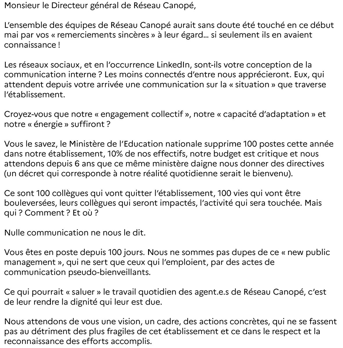 RCenDanger's tweet photo. 📣 En 2026, la communication interne passerait-t-elle par LinkedIn?

Notre réponse au Directeur général de @reseau_canope à la suite de son post du 1er mai sur LinkedIn.

#RéseauCanopé #Transparence #ÉducationNationale #Management #EngagementCollectif https://t.co/h5yoyx7EES