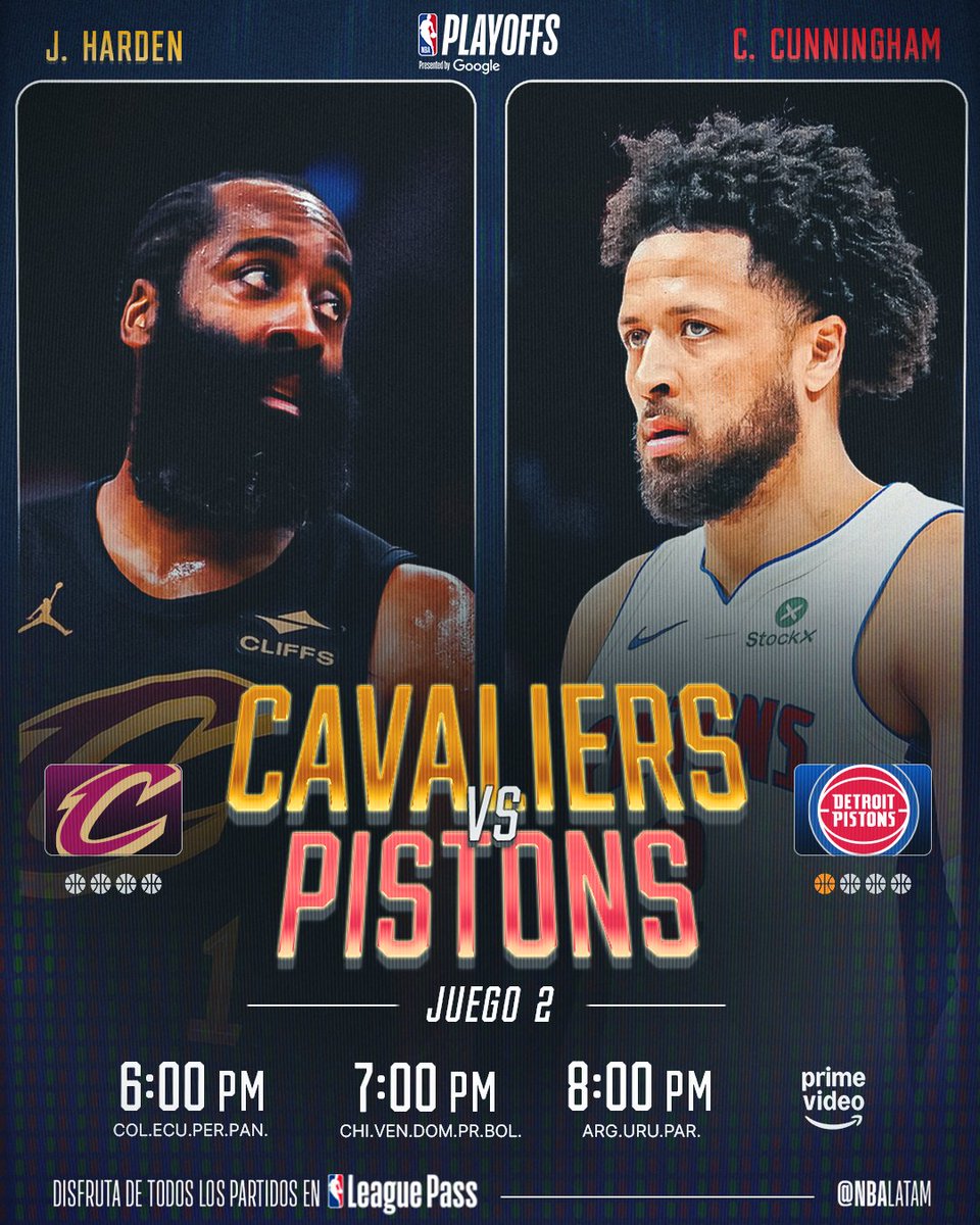 NBALatam's tweet photo. ¡Noche de Juego 2 en @PrimeVideoLat! ✨

¿El Thunder y los Pistons se ponen 2-0? ¿Podrán igualarlo los Lakers o los Cavaliers? https://t.co/UqLLIfY4Jr