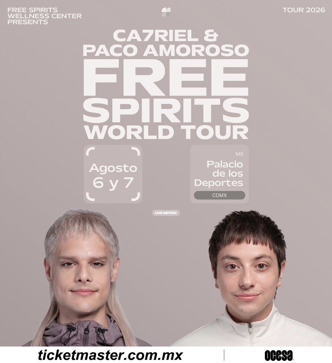 MxErranteMx's tweet photo. En tres meses, ¡@ca7rielypaco harán estallar nuevamente al Palacio de los Deportes! Esta vez con dos fechas del Free Spirits World Tour 🤍✨

Boletos disponibles en Ticketmaster. https://t.co/gbD0DGQsvd