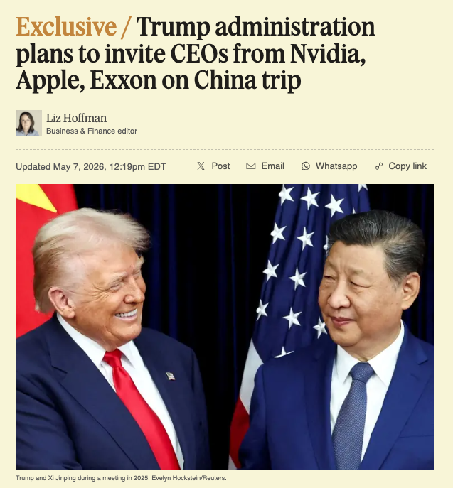Semafor: Trump admin plans to invite CEOs from Nvidia, Apple, Exxon, Boeing and others on next week’s China trip, but expectations are low for major deals beyond soybeans and Boeing jets. Focus is more on Trump-Xi relationship building.