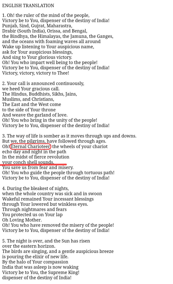 Wait till he finds out the "Bharat Bhagya Bidhata" of the National anthem is Shri Krishna himself. 

Here's is the full lyrics of the Anthem.

The "Eternal Charioteer" &amp; "His conch shell sound" is a reference to Shri Krishna in kurukshetra Battlefield in Mahabharata.

[THREAD]