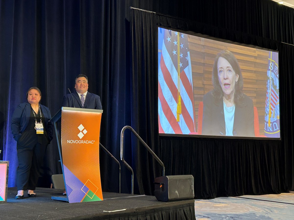 NovogradacNews's tweet photo. Novogradac partners Melissa Chung and Jeff Nishita kick off #NovocoLIHTC in San Diego with a video message from @SenatorCantwell. Cantwell thanked the crowd for its advocacy efforts around the LIHTC and also looked forward: “We want to build on what we’ve done.” https://t.co/nfTmhtcUo5