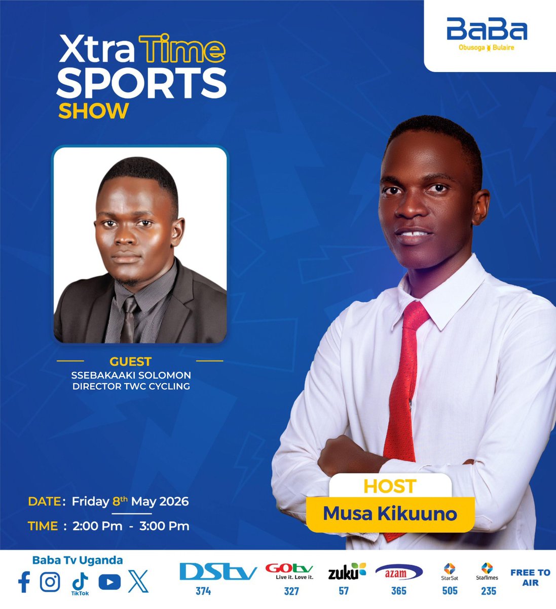 TWCug1's tweet photo. At 2pm tomorrow, Manager SOLO and FARMER a cyclist from Musoga  are going to be live in the studios of BABA TV in the Xtra Time Sports show https://t.co/oJmmdQCoA9