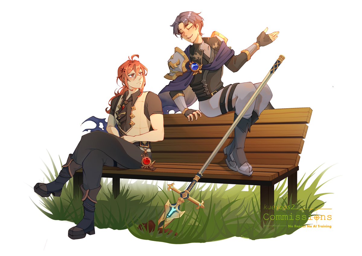 kuesoos2's tweet photo. Commission for @shineonthesea of Diluc and his OC 🧡!!! Had a lot of fun with this one 🫶 https://t.co/9WeiMY2102