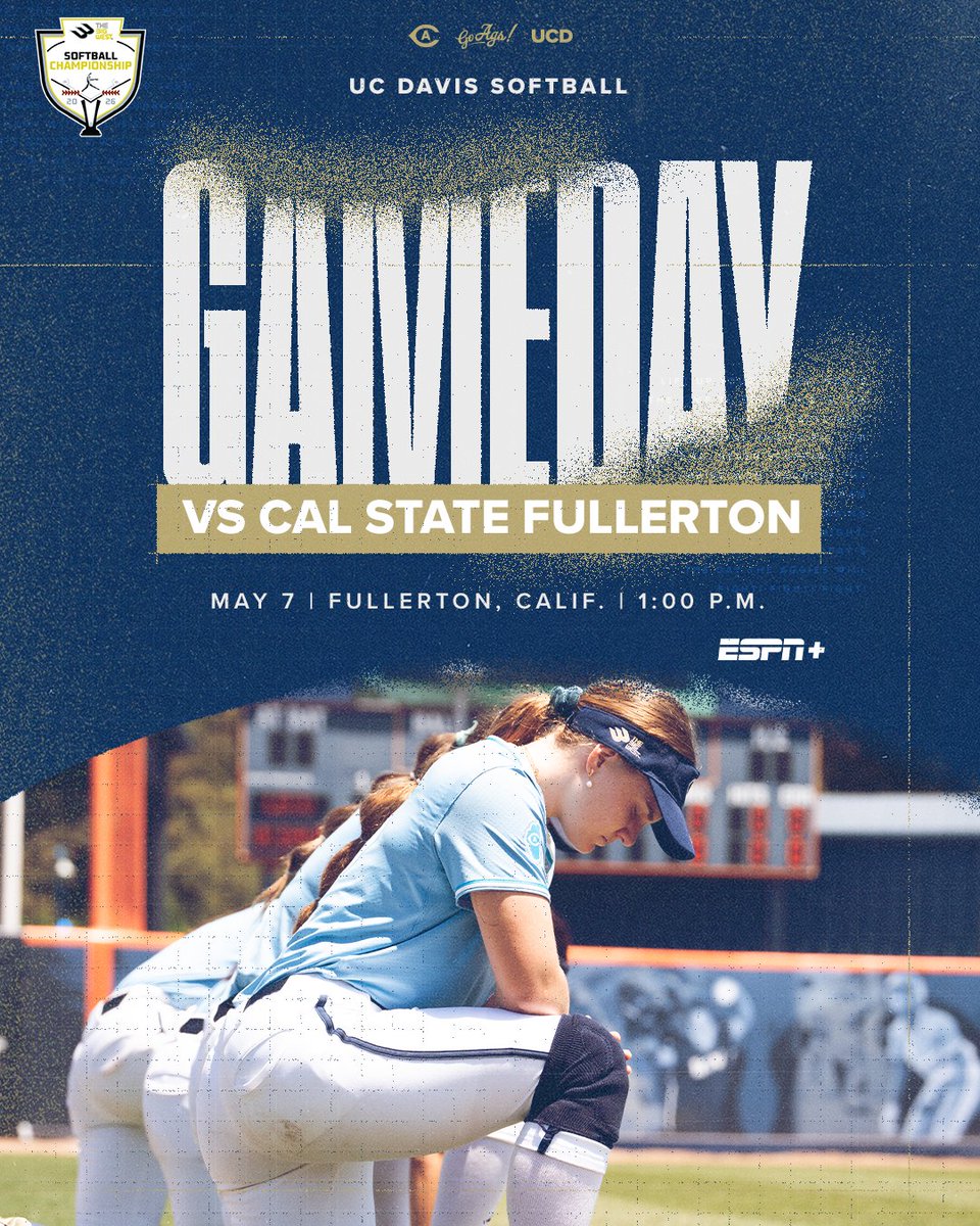 ucdavissoftball's tweet photo. GAME DAY

Big West Championships
🆚 No. 1 Cal State Fullerton
🗓️ May 7
📍 Fullerton, Calif.
⌚️ 1:00 PM
📺 ESPN+

#GoAgs https://t.co/aZzYwuhJnf