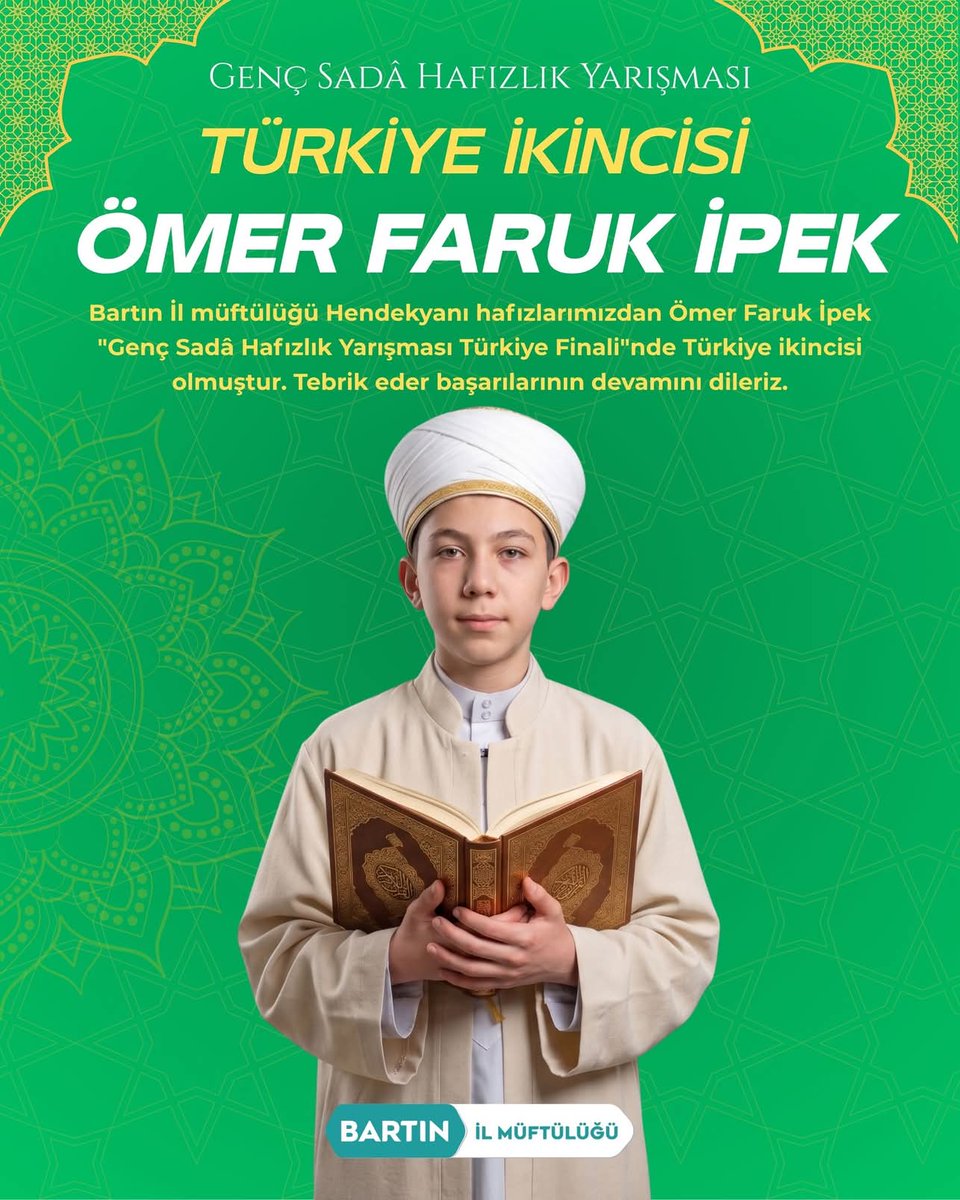 SerhatTunc74's tweet photo. Masaallah Lütfen.🤲
Bartın'ın Gururu Ömer Faruk İpek'ten Türkiye İkinciliği

@bartinmuftulugu bağlı Hendekyanı Kur'an Kursu ve Bartın Merkez İmam Hatip Ortaokulu öğrencimiz Ömer Faruk İpek, hafızlık yolculuğunda eşine az rastlanır bir başarı hikâyesine imza attı. https://t.co/SeYnhzrbIj