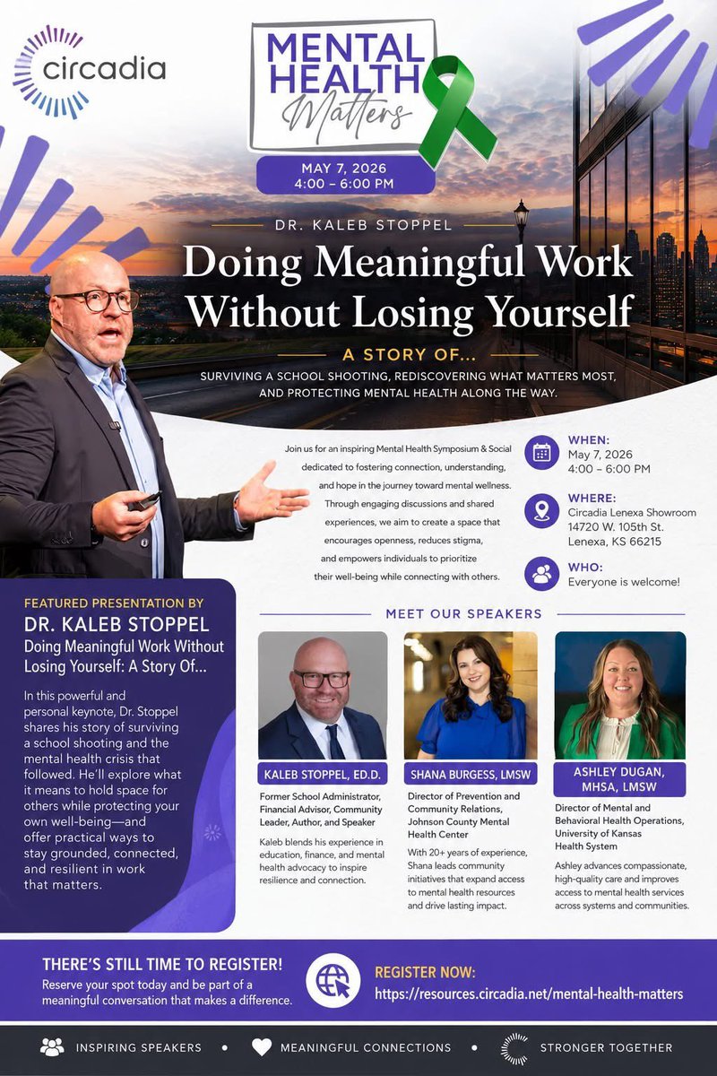 DrKalebStoppel's tweet photo. 💚Mental health matters💚

And today, I’m incredibly honored to be part of @CircadiaDesign’s Mental Health Matters Symposium and Social alongside an amazing group of professionals and advocates who care deeply about people, connection, and wellbeing.

This evening, I’ll be sharing a presentation titled:

“Doing Meaningful Work Without Losing Yourself”

This conversation is deeply personal to me.

After surviving the shooting at Olathe East High School, I found myself navigating trauma, anxiety, depression, identity loss, burnout, and the long process of rediscovering what mattered most.

For a long time, I believed meaningful work meant constantly pushing forward, carrying more, giving more, and always showing up for everyone else.

But eventually I learned something important:

You cannot continue pouring into others if you never allow yourself space to breathe, process, heal, and reconnect with your own life.

Tonight’s presentation is not about having all the answers.

It’s about honest conversation.

About protecting mental health while still caring deeply about your work, your purpose, and the people around you.

It’s about recognizing that resilience is not pretending you’re okay.
It’s learning how to stay whole while moving through difficult seasons of life.

I’m grateful to Circadia for creating space for conversations like this and for bringing people together around mental health, connection, and hope.

There’s still time to register and attend tonight’s event.

📍 Circadia Lenexa Showroom
🕓 TODAY May 7, 2026 | 4:00–6:00 PM
🔗 Register here: https://t.co/BXX7QxWiiP

Hope to see some of you there.

Keep taking the next step. Hope is always possible. Light finds its way in.
