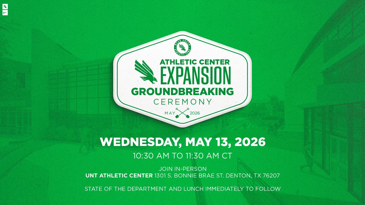 MeanGreenSports's tweet photo. SAVE THE DATE 🗓️ 

Come out to the Athletic Center expansion groundbreaking ceremony on May 13!

MORE: https://t.co/jt9qTKiiuq
RSVP: https://t.co/oeq8OCoCpm

#GMG🦅 | @UNTMGAF https://t.co/BZaN9elUGy
