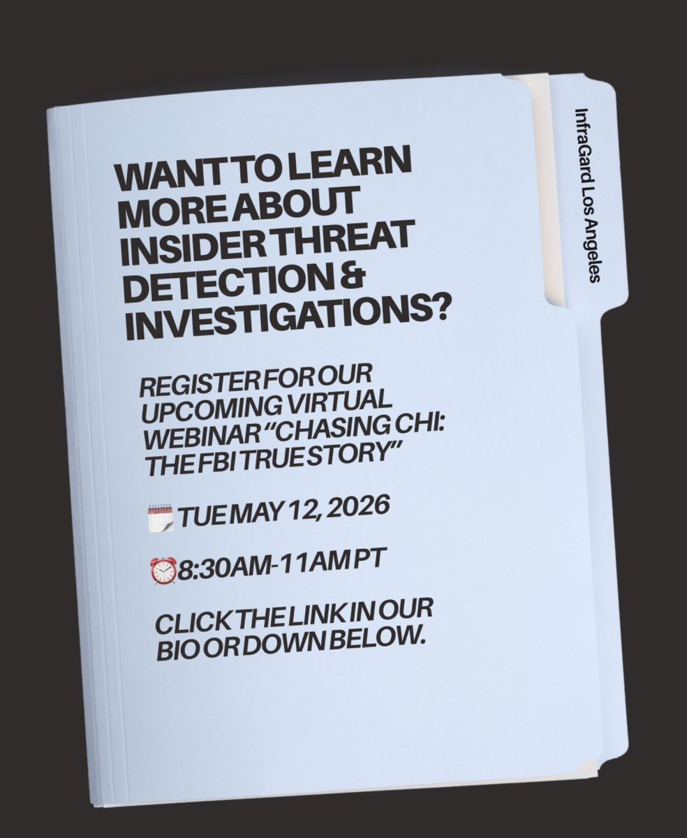 InfraGardLA's tweet photo. Swipe through for key ways organizations can reduce insider threat risks.

Want to learn more? Register for our upcoming webinar "Chasing Chi" on Tuesday May 12 down below.

https://t.co/urY95YXeUU

#Criticalinfrastructure #FBI #Espionage #Counterintelligence https://t.co/0DyemeJS6N