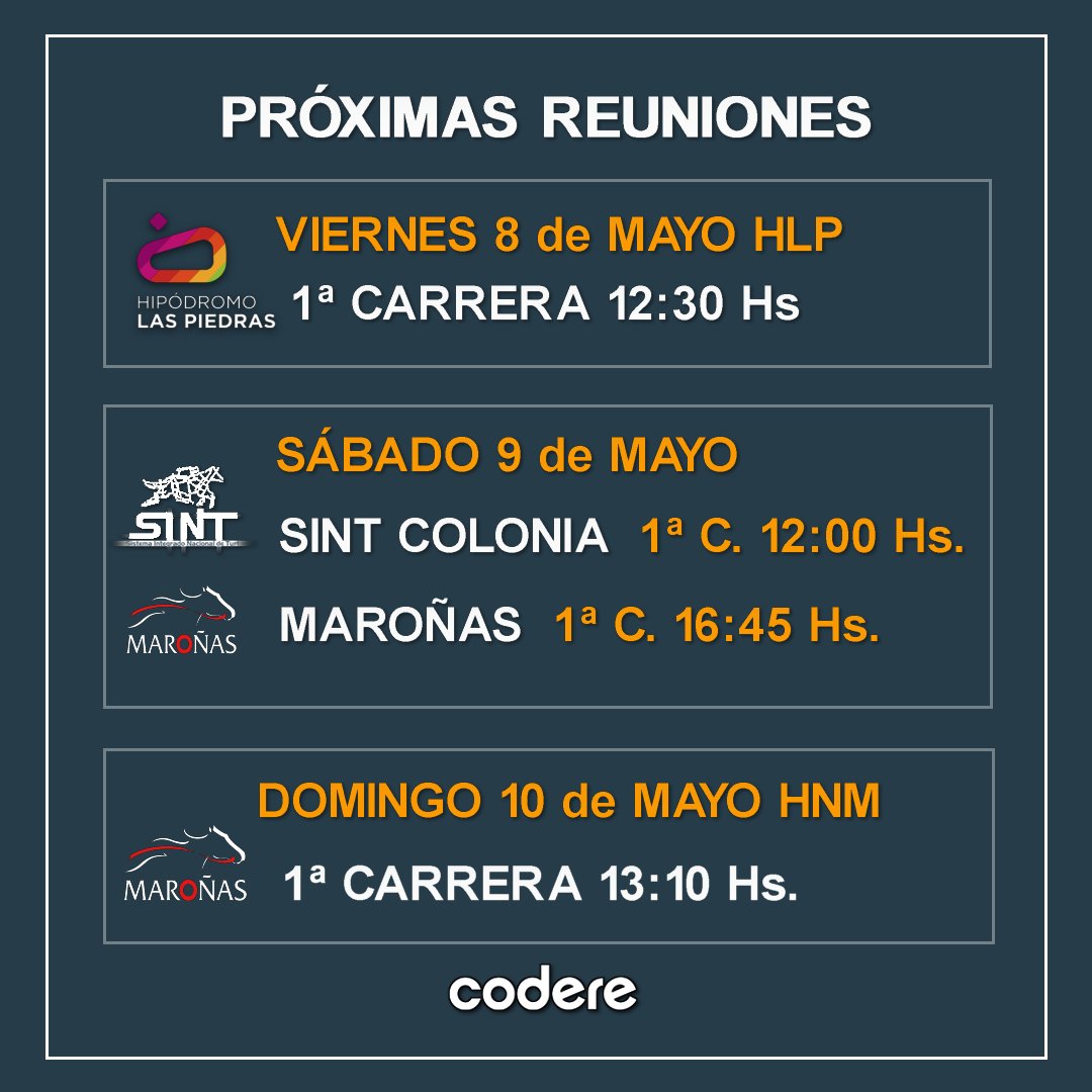 MasHipica's tweet photo. Horarios de fin de semana 

Hipódromos:
Las Piedras 
SINT Colonia 
Maroñas 

#uruguay #Maroñas #sint #laspiedras #turf https://t.co/Jp7gxvqhx9