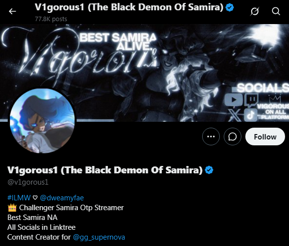 ow_nomad's tweet photo. @ow_rxp V1gorous1 is a cornball Samira otp league player who's tried to ego me on this site like 4 times. Black guy calling himself the "black demon of samira" lmfao. Champ is notoriously low skill floor too lol.

Does not shock me that this guy would be a loser in another game. https://t.co/2w1hnwCxhh